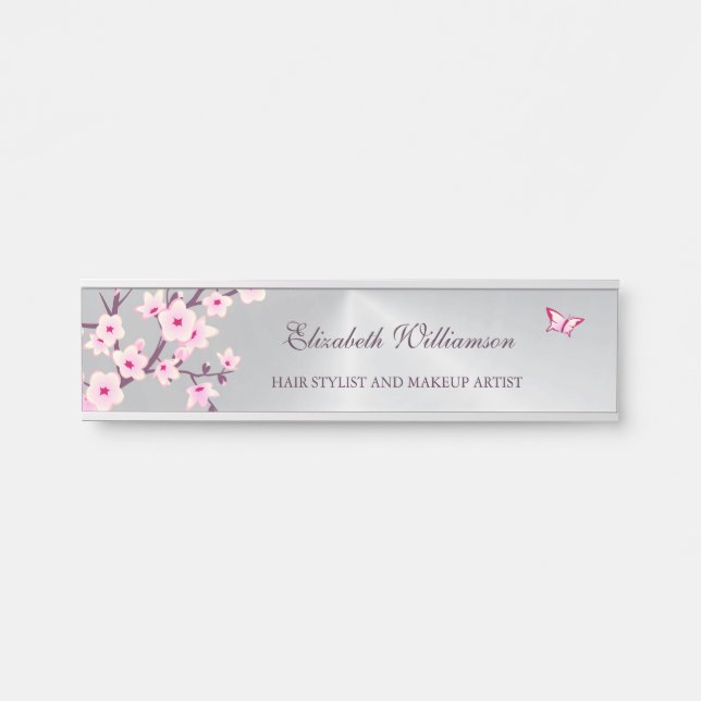 Floral Cherry Blossom Pink Grey Office  Door Sign (Front)