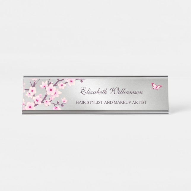 Floral Cherry Blossom Pink Grey Salon Desk Name Plate (Front)