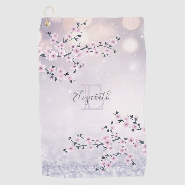 Floral Cherry Blossom Pink Mauve Glitter Monogram  Golf Towel (Front)
