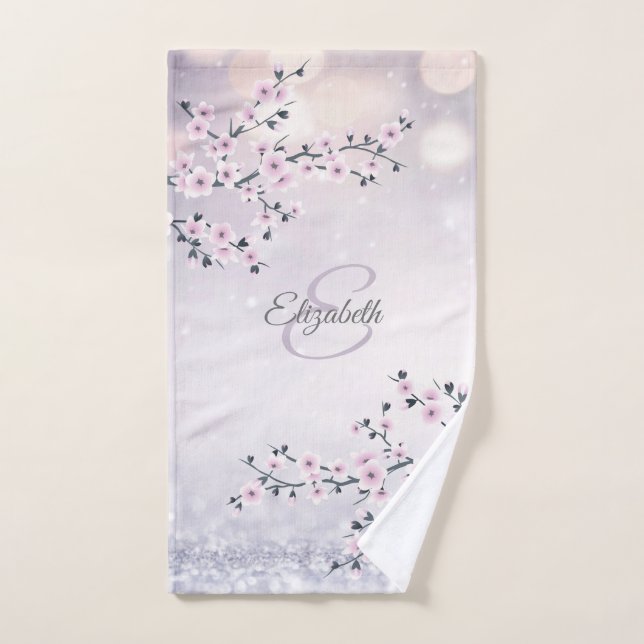 Floral Cherry Blossom Pink Mauve Glitter Monogram  Hand Towel (Hand Towel)