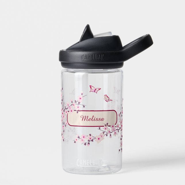 Floral Cherry Blossom | Pink Monogram Water Bottle (Left)
