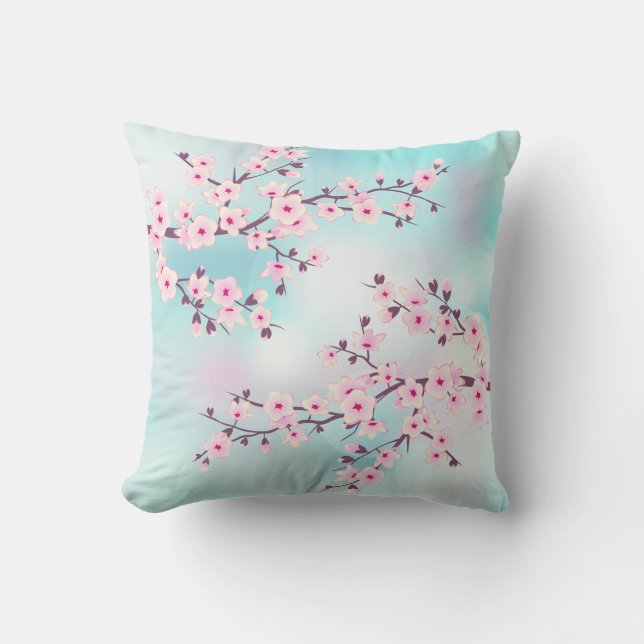 Floral Cherry Blossom Pink Turquoise  Cushion (Front)