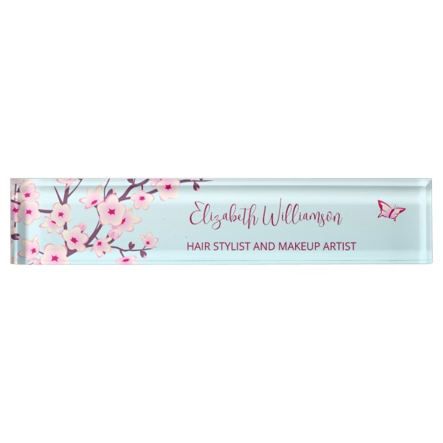 Floral Cherry Blossom Pink Turquoise  Nameplate (Front)