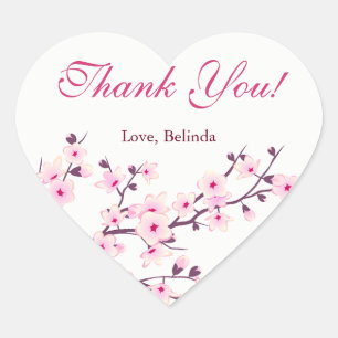 Floral Cherry Blossom Pink White Custom Thank You  Heart Sticker