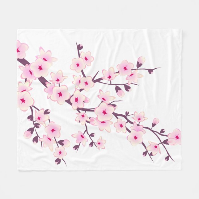 Floral Cherry Blossom Pink White Fleece Blanket (Front (Horizontal))