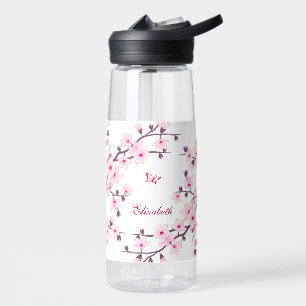 Floral Cherry Blossom   Pink White Monogram Water Bottle