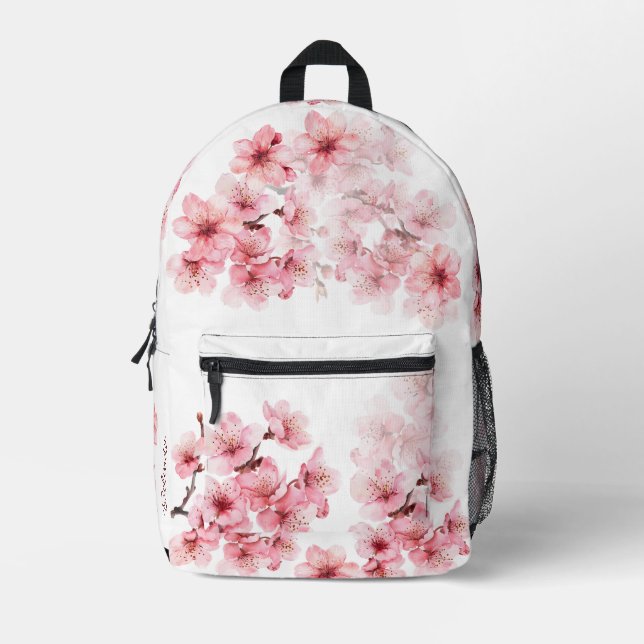 Floral Cherry Blossom Pink White Printed Backpack (Front)