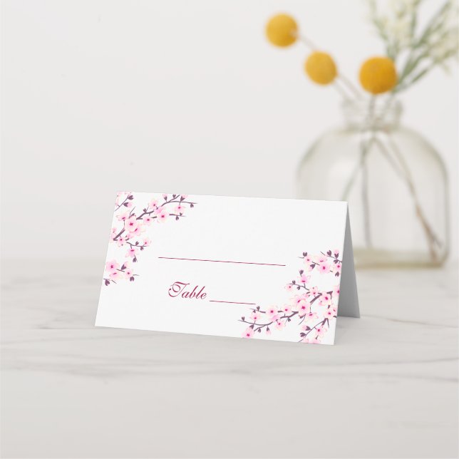 Floral Cherry Blossom Pink White Wedding Place Card (Front)