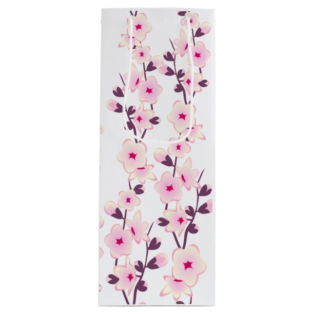 Floral Cherry Blossom Pink White Wine Gift Bag (Front)