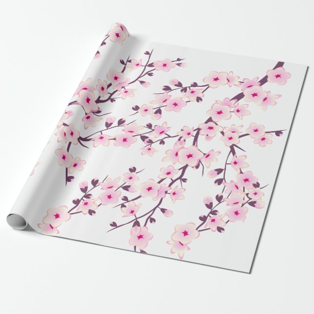 Floral Cherry Blossom Pink White Wrapping Paper (Unrolled)