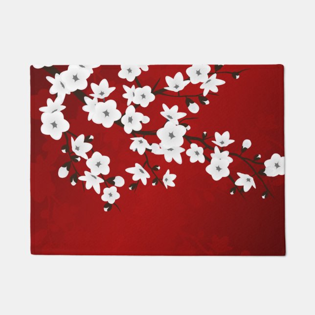 Floral Cherry Blossom Red White Doormat (Front)