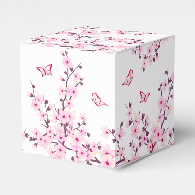 Floral Cherry Blossoms And Butterflies Pink White Favour Box (Front Side)