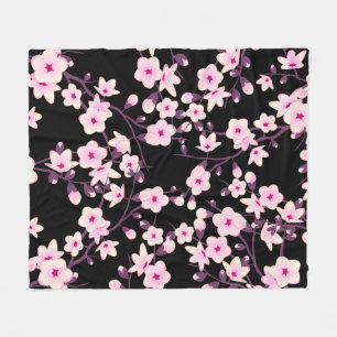 Floral Cherry Blossoms Black Pink Fleece Blanket