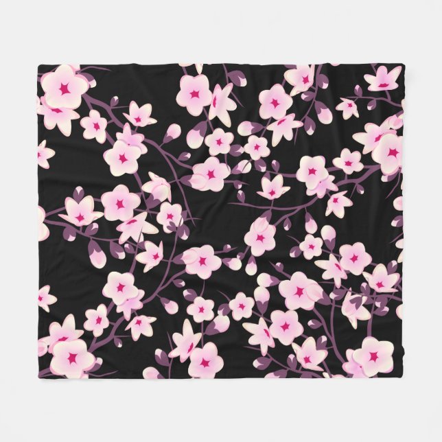 Floral Cherry Blossoms Black Pink Fleece Blanket (Front (Horizontal))