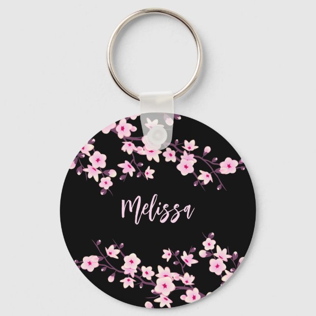 Floral Cherry Blossoms Black Pink Key Ring (Front)