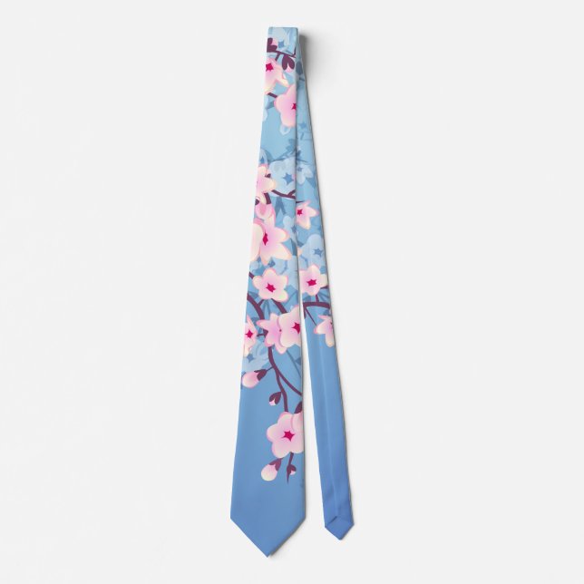 Floral Cherry Blossoms Blue Pink Tie (Front)