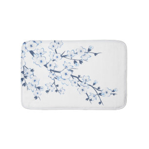 Floral Cherry Blossoms Blue White Bath Mat