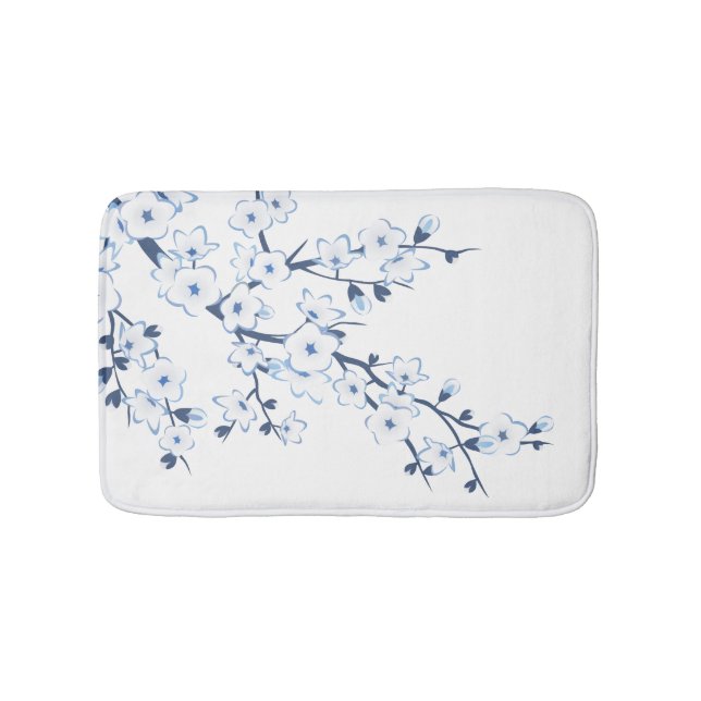 Floral Cherry Blossoms Blue White Bath Mat (Front)