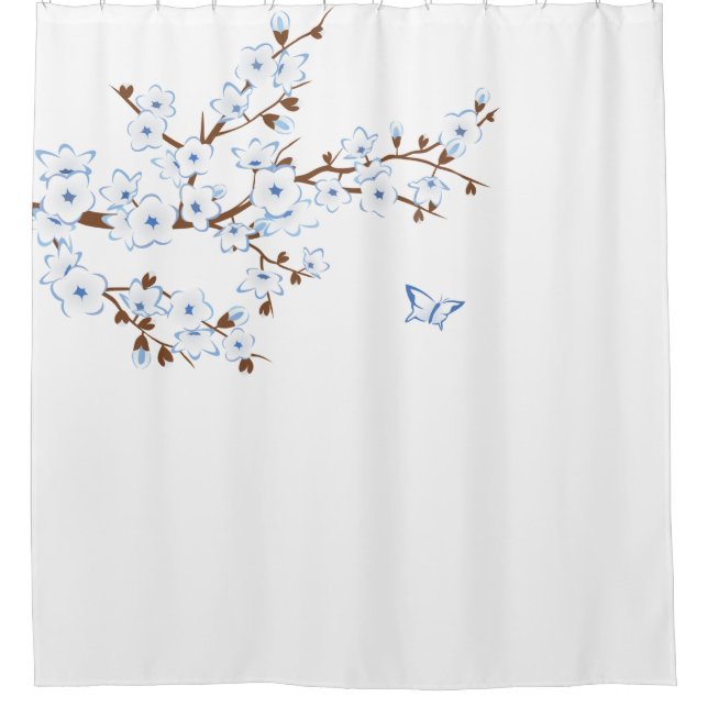 Floral Cherry Blossoms Blue White Classic Shower Curtain (Front)