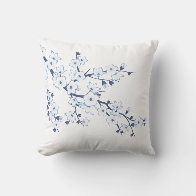 Floral Cherry Blossoms Blue White Cushion (Front)
