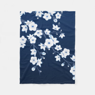 Floral Cherry Blossoms Blue White Fleece Blanket