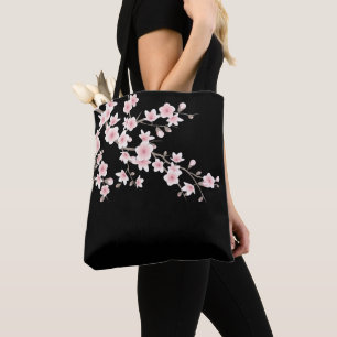 Floral Cherry Blossoms BLUSH Pink Black Tote Bag