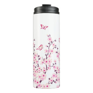Floral Cherry Blossoms Butterflies Pink White Thermal Tumbler