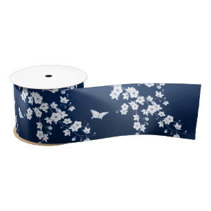 Floral Cherry Blossoms Dark Blue White Satin Ribbon