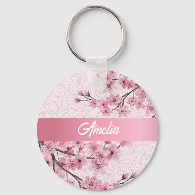 Floral Cherry Blossoms Faux Pastel Pink Glitter Key Ring (Front)