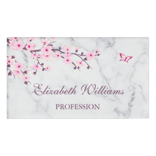 Floral Cherry Blossoms Grey Pink Name Tag