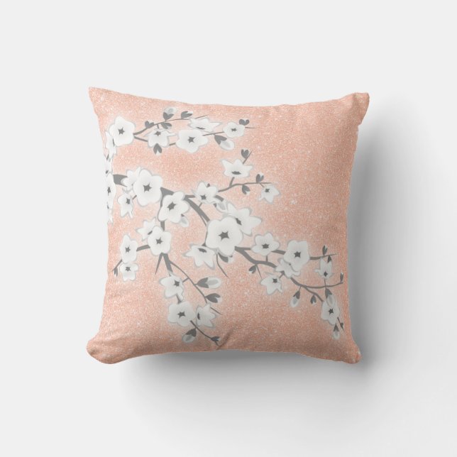 Floral Cherry Blossoms Grey Rose Gold Cushion (Front)