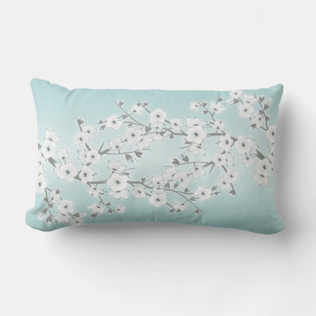 Floral Cherry Blossoms Mint White Lumbar Cushion (Front)