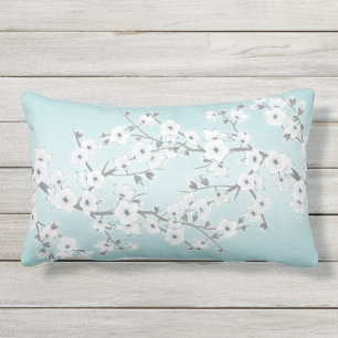 Floral Cherry Blossoms Mint White Lumbar Cushion