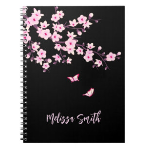 Floral Cherry Blossoms Monogram Pink Black Notebook
