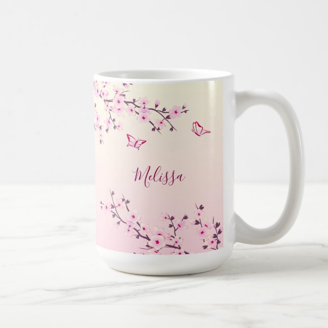Floral Cherry Blossoms Monogram Pink Coffee Mug (Right)