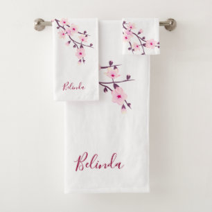 Floral Cherry Blossoms Monogram Pink White Bath Towel Set