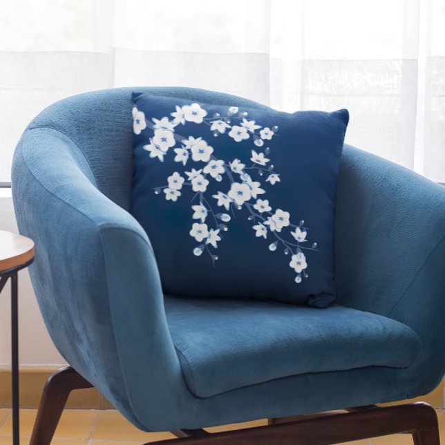 Floral Cherry Blossoms Navy Blue White Cushion (Creator Uploaded)
