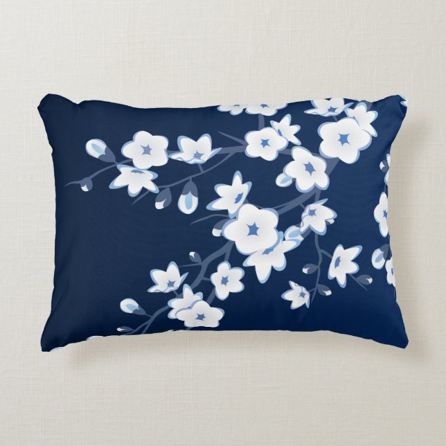 Floral Cherry Blossoms Navy Blue White Decorative Cushion (Front)