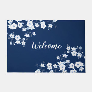 Floral Cherry Blossoms Navy Blue White Welcome Doormat