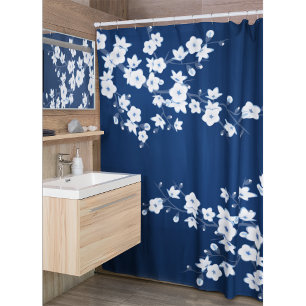 Floral Cherry Blossoms Navy White Classic Shower Curtain