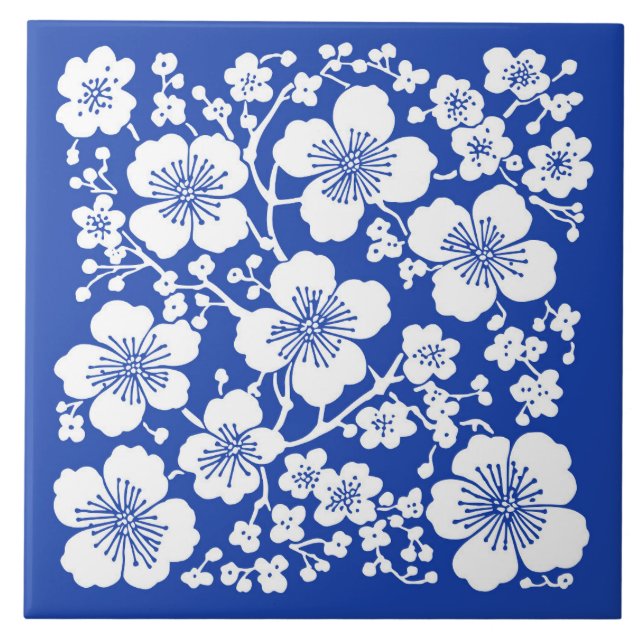Floral Cherry Blossoms Pattern Blue Ceramic Tile (Front)