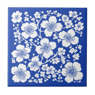 Floral Cherry Blossoms Pattern Blue Ceramic Tile