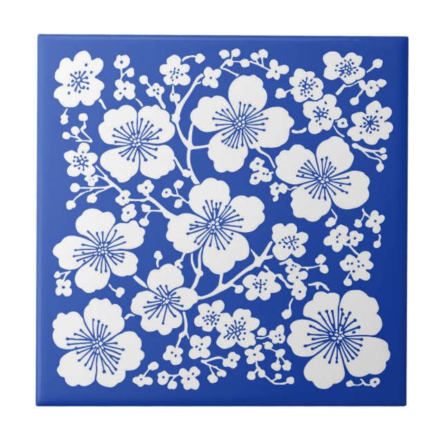 Floral Cherry Blossoms Pattern Blue Ceramic Tile (Front)