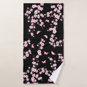 Floral Cherry Blossoms PINK black Bath Towel