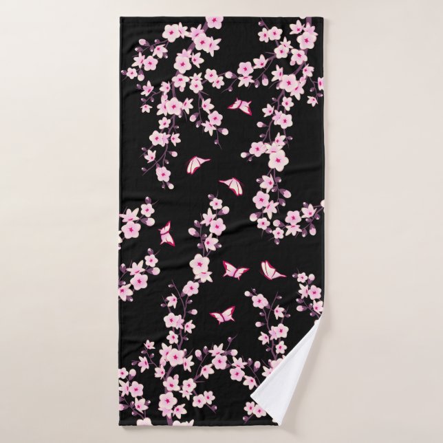 Floral Cherry Blossoms PINK black Bath Towel (Bath Towel)