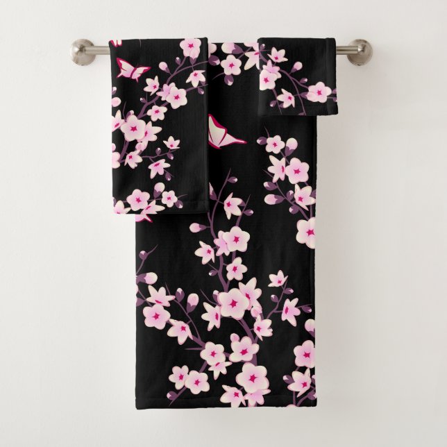 Floral Cherry Blossoms PINK BLACK Bath Towel Set (Insitu)