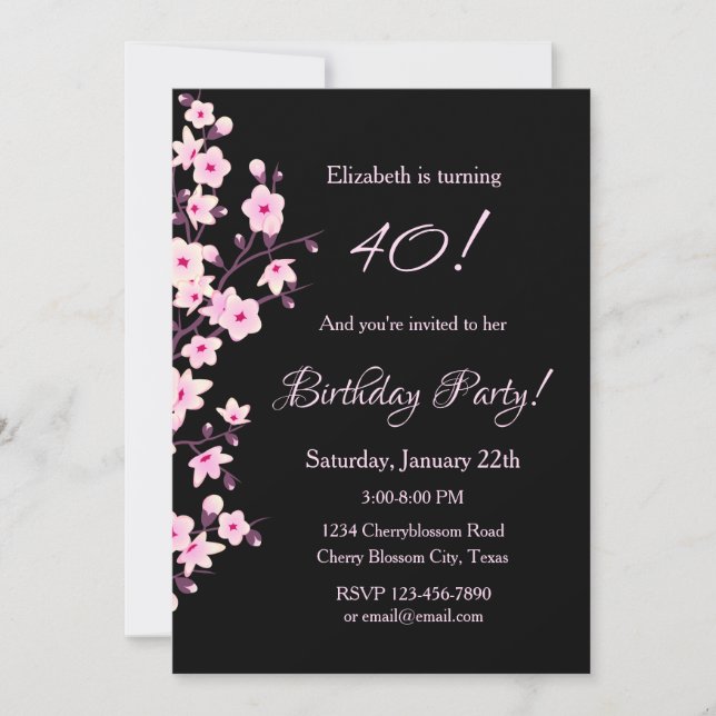Floral Cherry Blossoms Pink Black Birthday Invitation (Front)