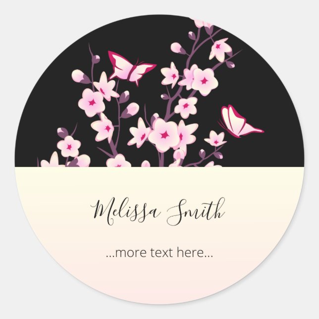 Floral Cherry Blossoms Pink Black Classic Round Sticker (Front)