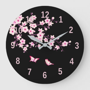 Floral Cherry Blossoms Pink Black Large Clock