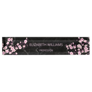 Floral Cherry Blossoms Pink Black Marble Nameplate